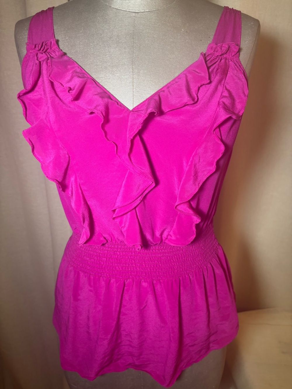 Rebecca Taylor 100% Silk Pink Ruffle Blouse Top Boho Feminine Elastic Waist S